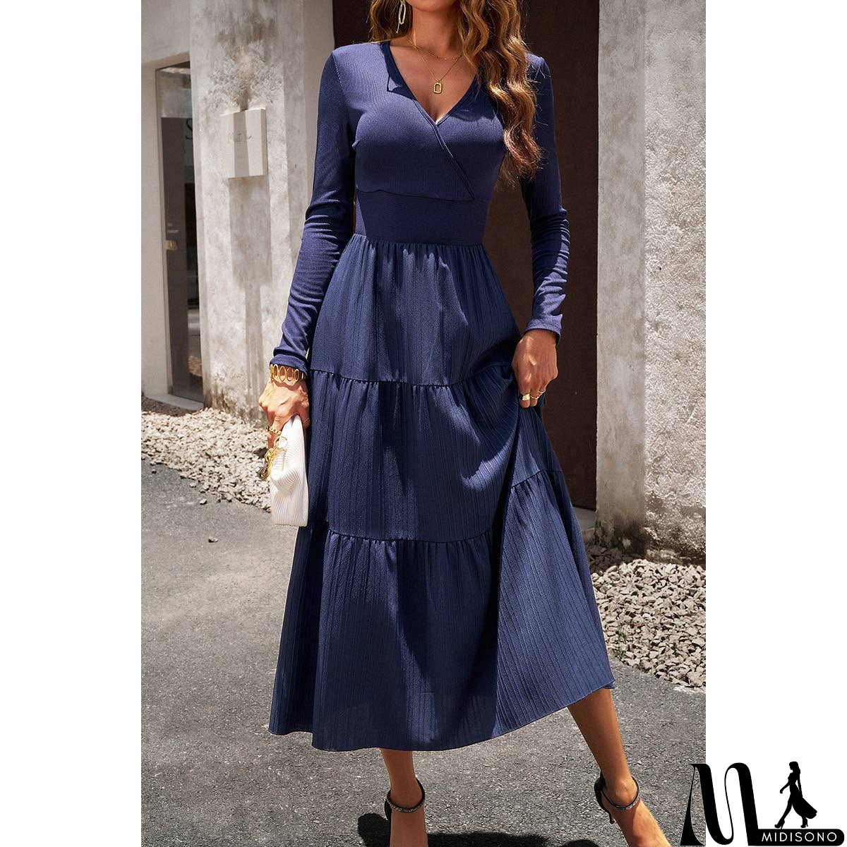 MidiSono - Elastic Waist Fit A Line Color Block Ruffle Dress