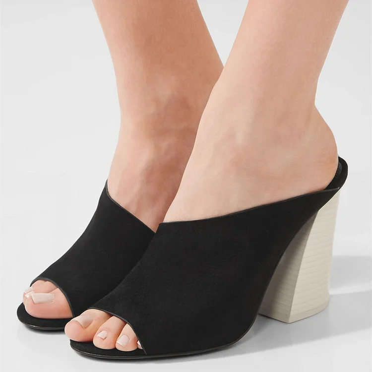 Black Peep Toe Vegan Suede Chunky Heels Mules for Women |FSJ Shoes
