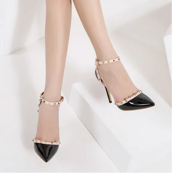 100mm Womens Pointed Toe Pumps Golden Point Rivets Ankle Strap Black Sandals-vocosishoes
