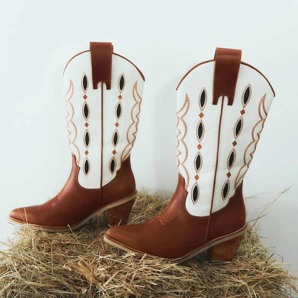Brown & White Pointed Toe Embroidered Cowgirl Boots for Women Nicepairs