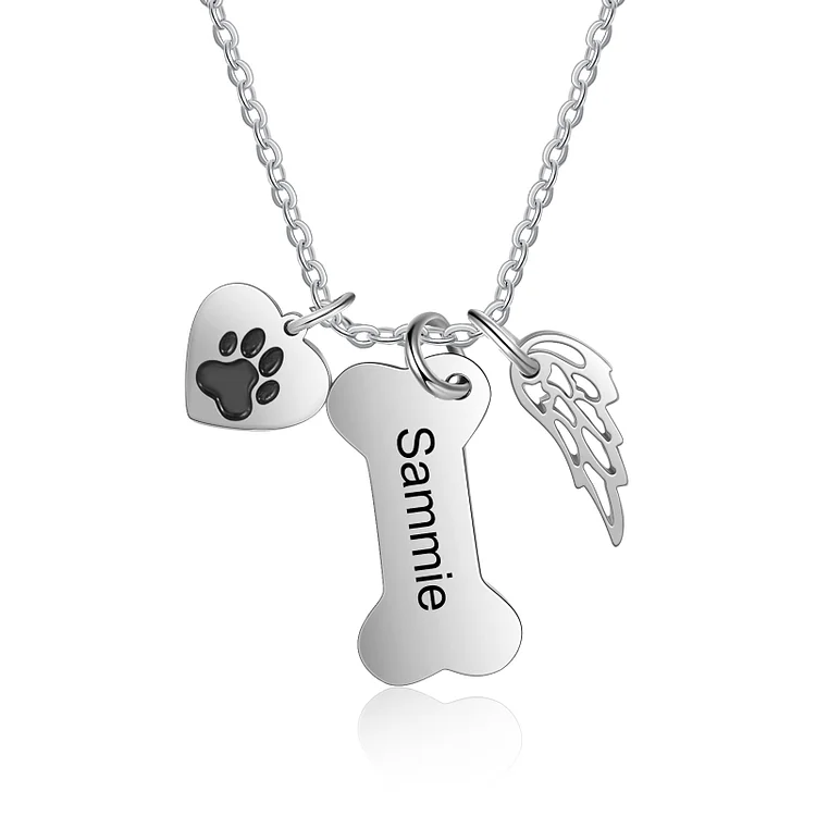 Custom Dog Bone Necklace with Angel Wing Charm Engraved 1 Name Pet Necklace