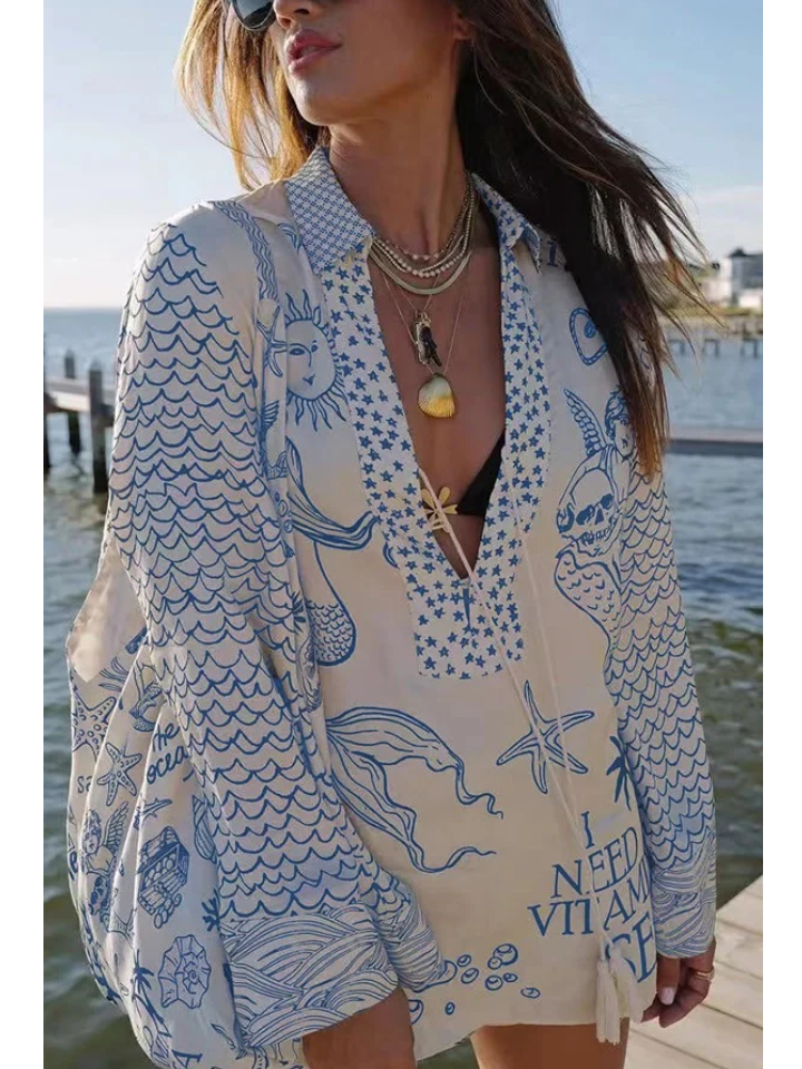 Satin Unique Print Tassle Shirt and Elastic Waist Shorts Set
