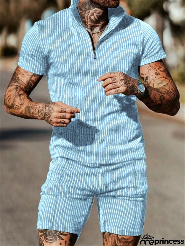 Men's Vertical Stripe Short Sleeve Pullover Loose Sets for Holiday