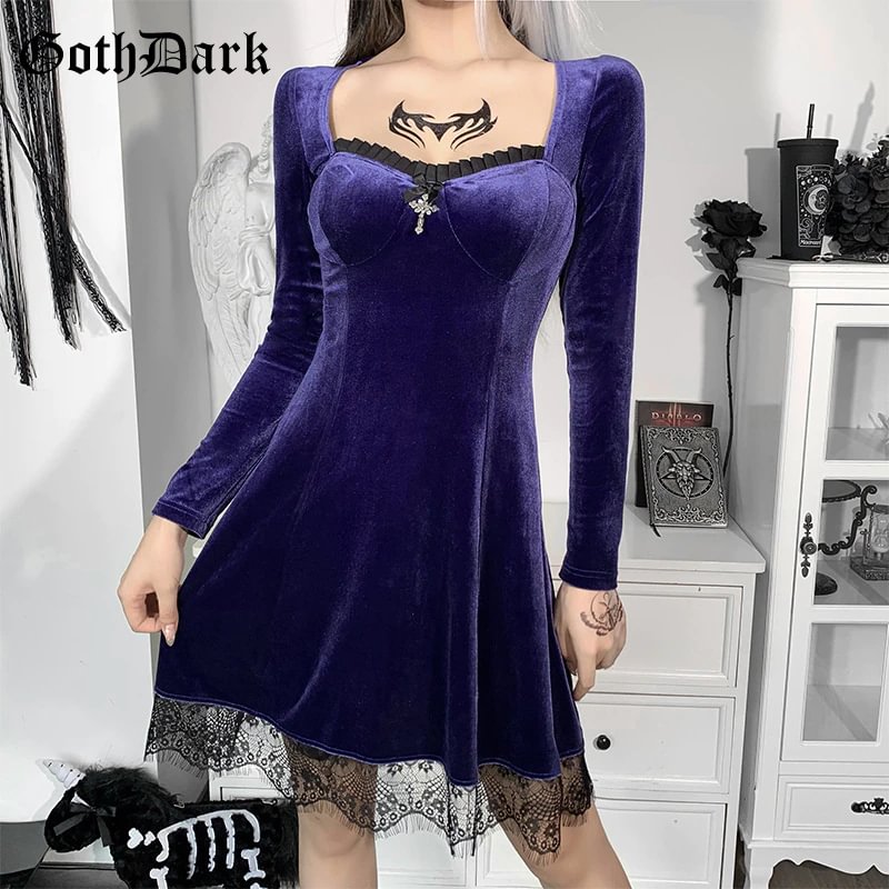 Fongt Dark Vintage Gothic Velour Autumn Dresses For Women Alt Clothes Grunge Long Sleeve Bodycon Partywear Lace Trim A-Line Dress