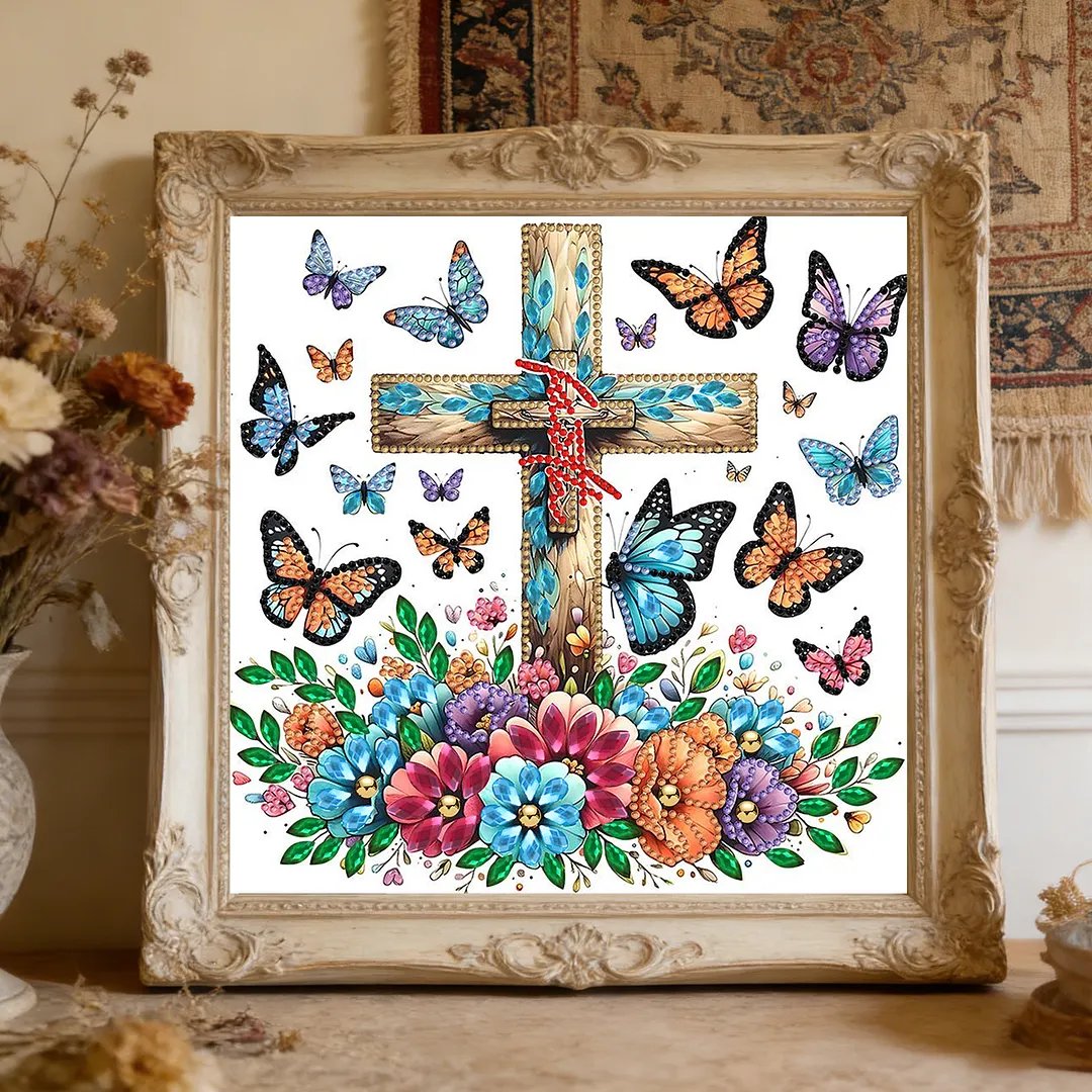 Diamond Painting - Partial Special Shaped Drill - Butterfly Cross(Canvas|30x30cm)
