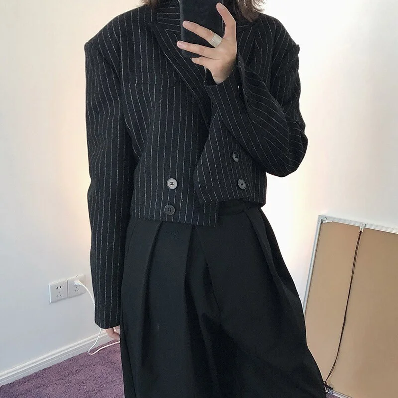Cartoonh Striped Short Tops For Women Notched Collar Long Sleeve High Waist Casual Korean Blazer Female New Clothing 2020