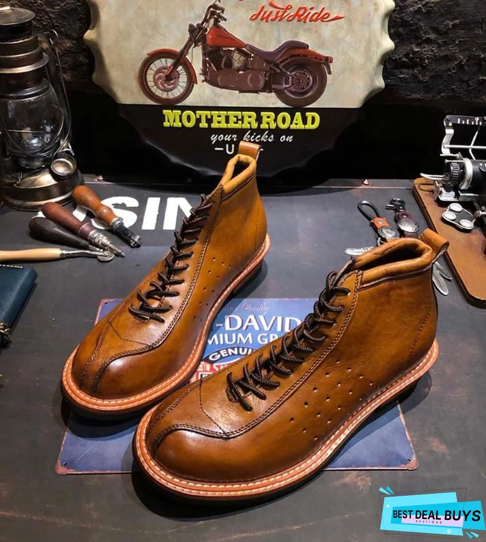 Vintage Genuine Leather Boots Full Grain Ankle Designer Shoes Men High Quality Fall Booties Short Brown Lace Up