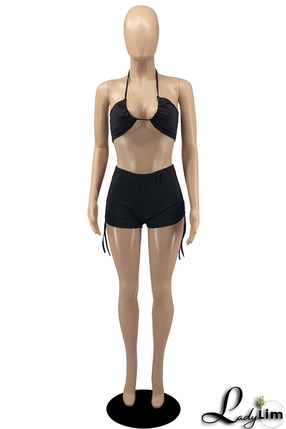 Black Fashion Sexy Solid Bandage Backless Halter Sleeveless Two Pieces