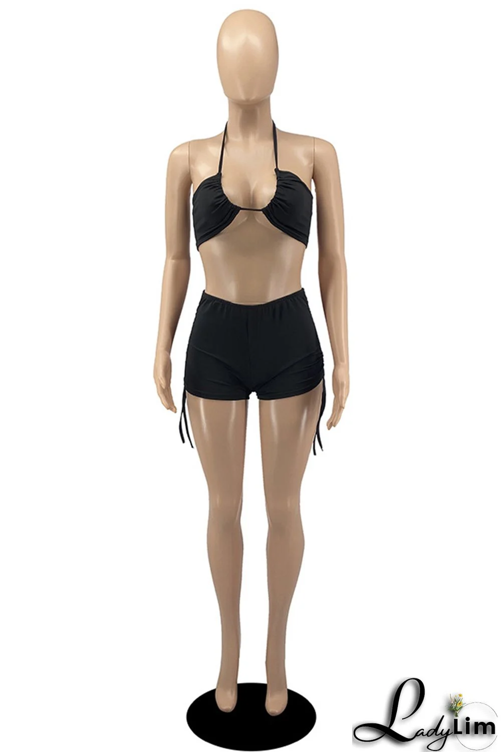 Black Fashion Sexy Solid Bandage Backless Halter Sleeveless Two Pieces