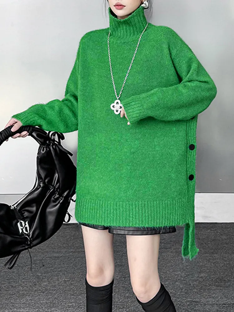 Buttoned Ribs Solid Color Split-Joint Irregularity Long Sleeves High Neck Sweater Tops