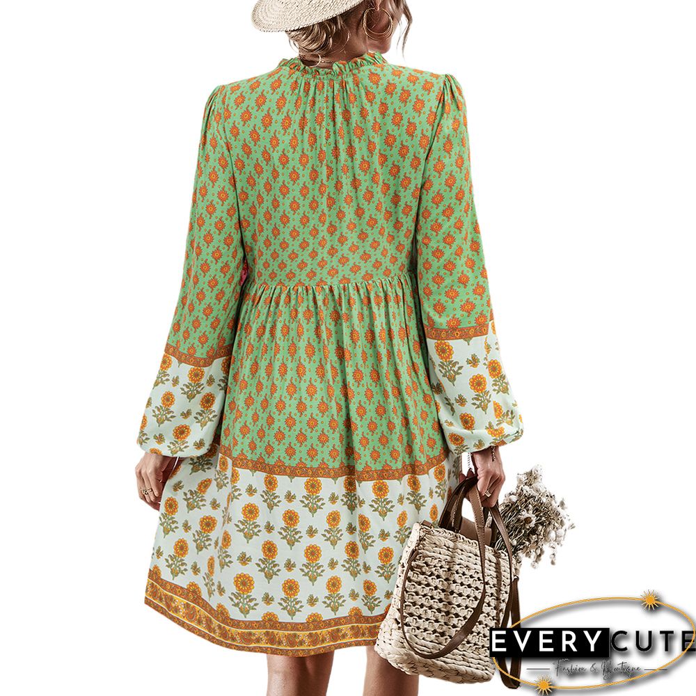 Light Green Bohemia Print Button Detail V Neck Long Sleeve Dress