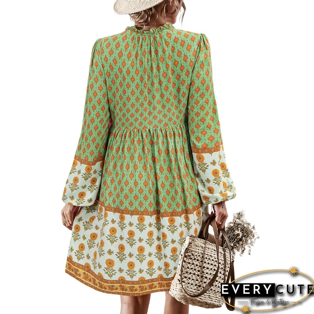 Light Green Bohemia Print Button Detail V Neck Long Sleeve Dress