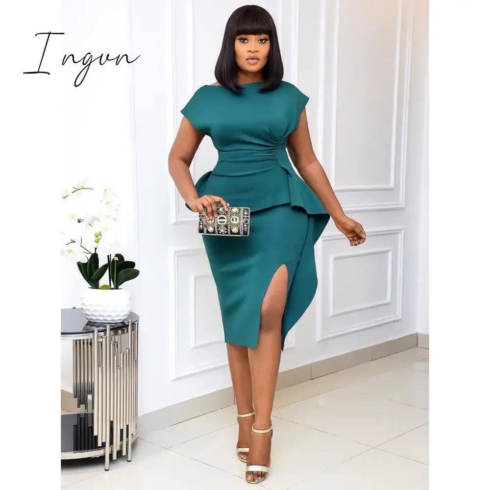 Ingvn - Sexy Bodycon Short Sleeve Dresses Split Package Hip Solid Event Party Dress Fashion Office