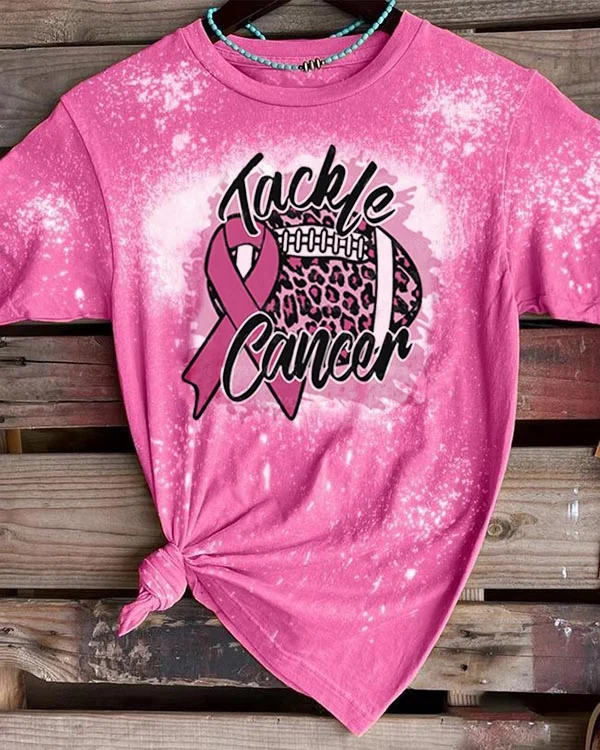 Breast Cancer Awareness Tackle Cancer Football Leopard Print T-Shirt