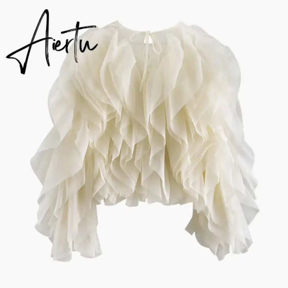 Elegant Patchwork Ruffle Chiffon Blouses Women O Neck Lantern Long Sleeve Loose Shirt Female Clothes Fashion Summer Aiertu