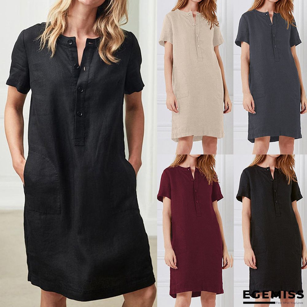 Cotton and Linen Loose Short Sleeve Midlength Dress | EGEMISS