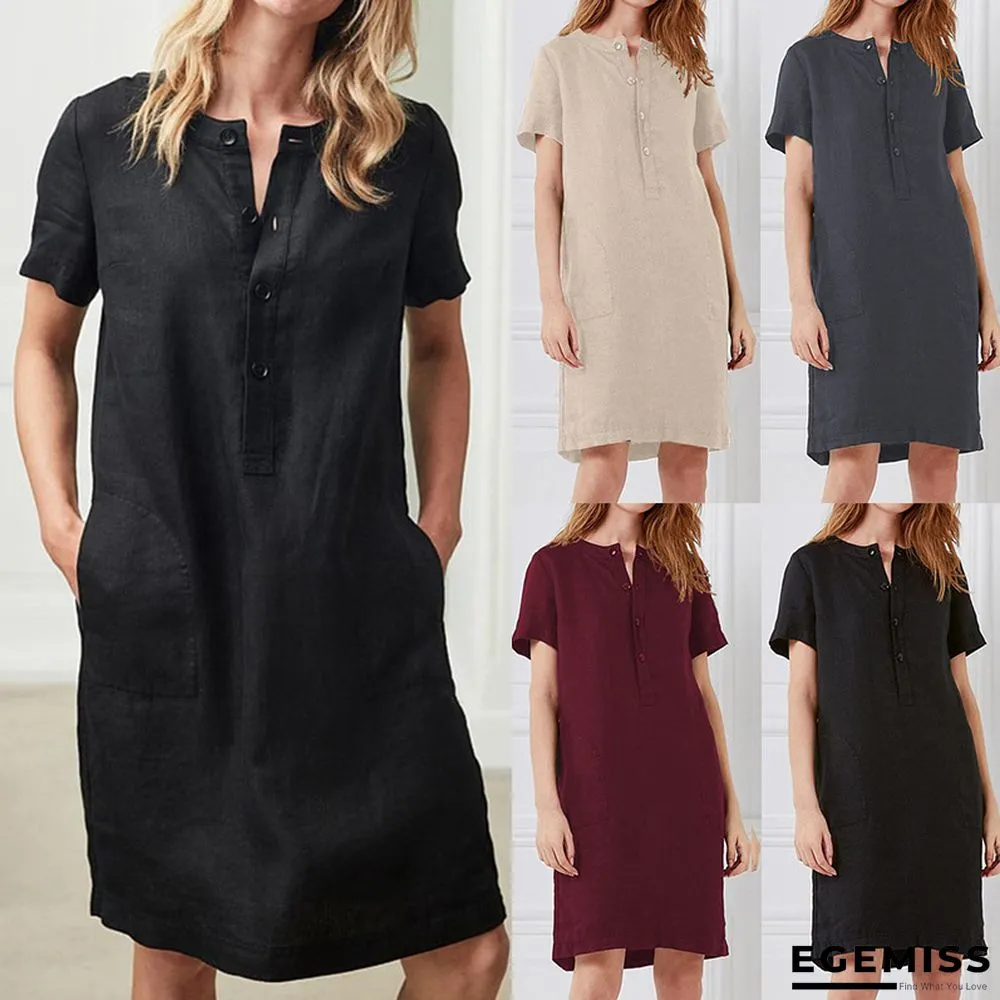 Cotton and Linen Loose Short Sleeve Midlength Dress | EGEMISS