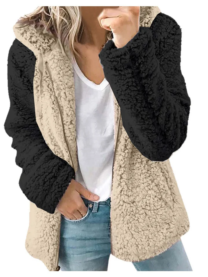New Loose Women's Splicing Hooded Plush Fall and Winter Tops Comfortable Casual Women's Tweed Jacket