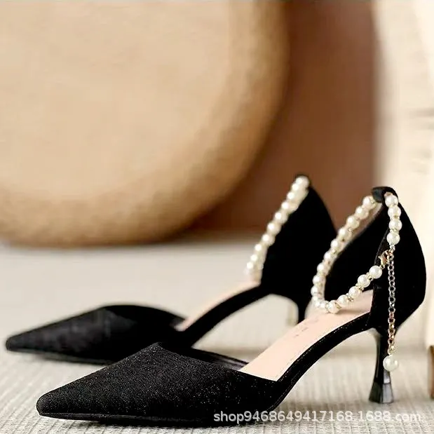 Breakj Breakj Wind High Heels Women's Fine Heel 2023 Autumn New Hollow Single Shoes Small Fresh Pearl Fairy Wind Bag Head Sandals