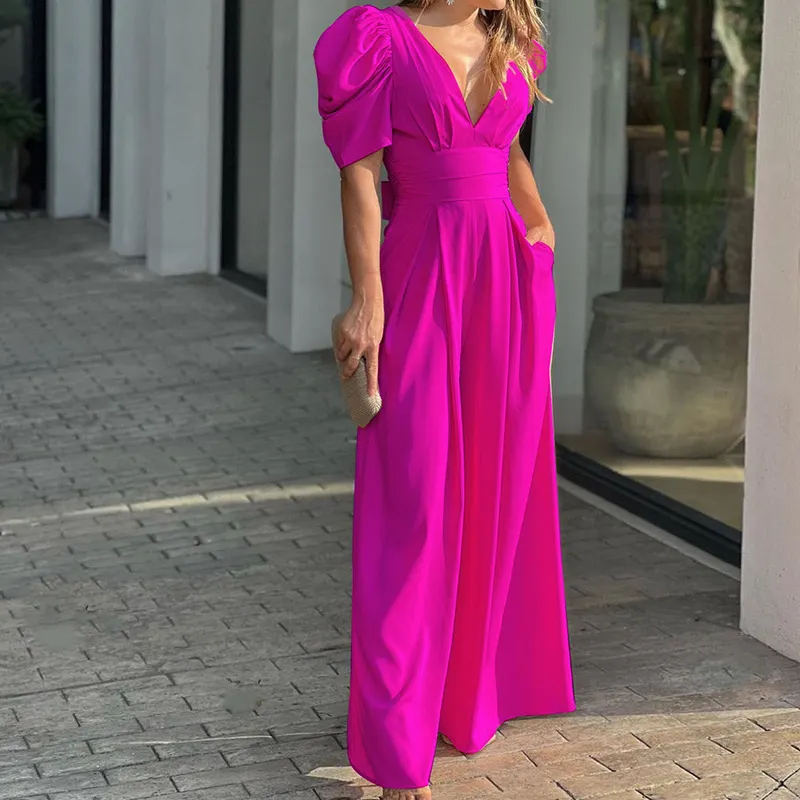 Uveng Uveng 2024 New Women's Short-Sleeved Fashion Elegant Plus-Size Wide-Leg Jumpsuit