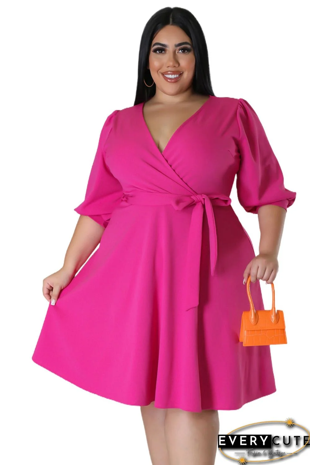 Rose Plus Size Surplice V Neck Self Tie Fit Flare Dress
