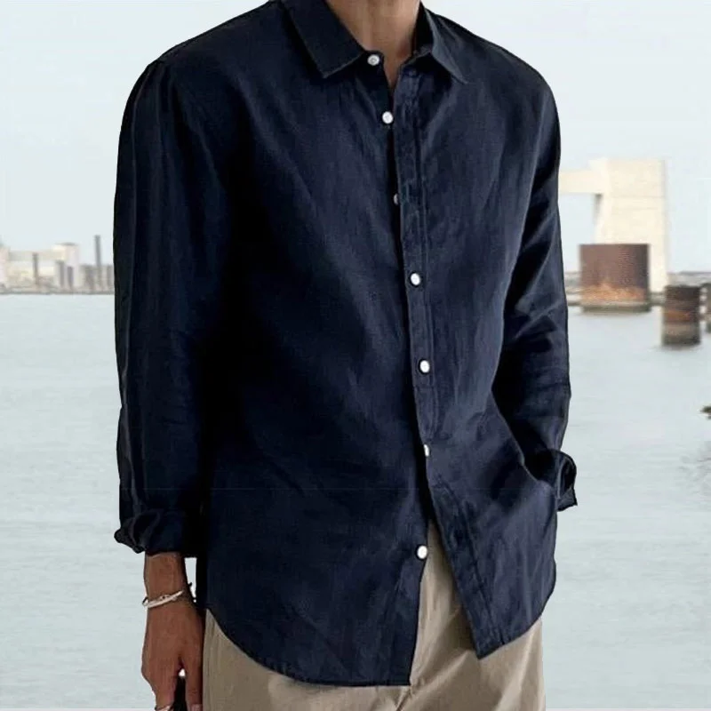 Men's Cotton Linen Vintage Stripe Chest Pocket Long Sleeve Shirt-inspireuse