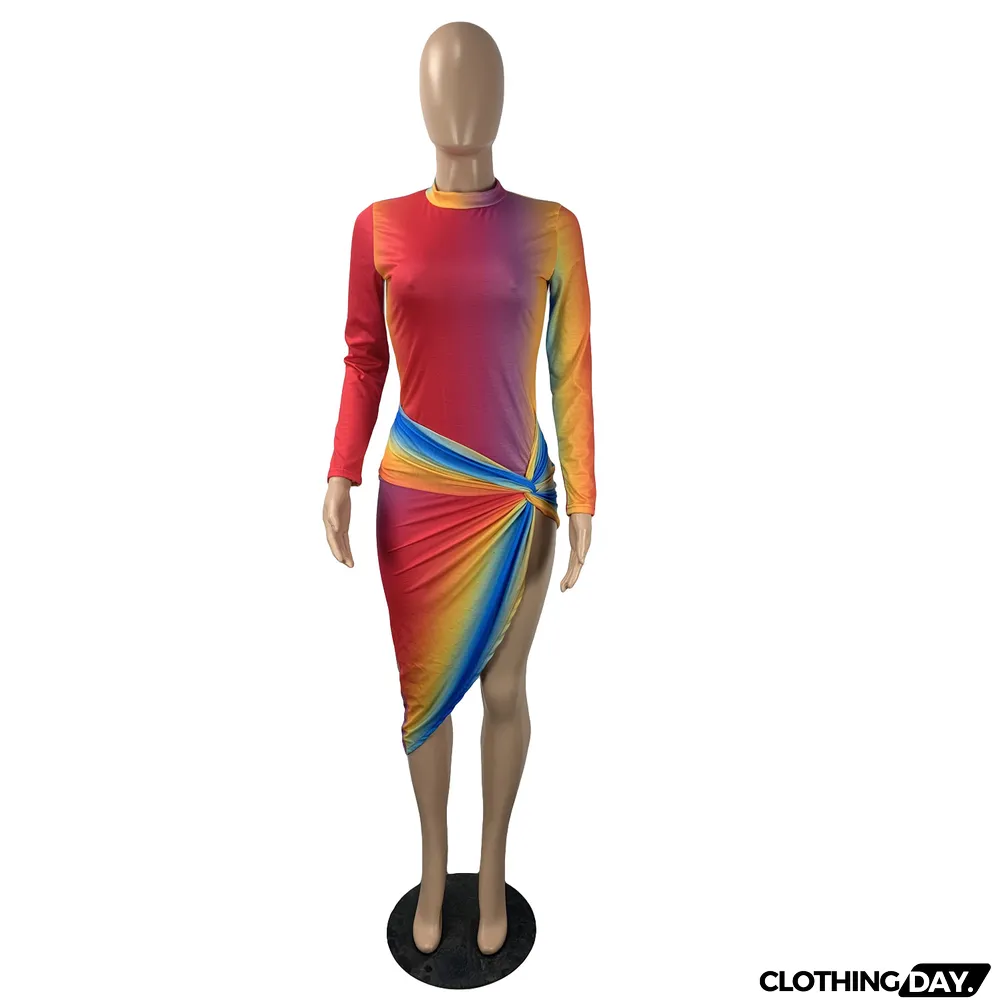 Sexy Gradient Long Sleeve Irregular Midi Dress