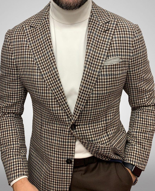 Business Houndstooth Single Breasted Notch Lapel Pockets Blazer