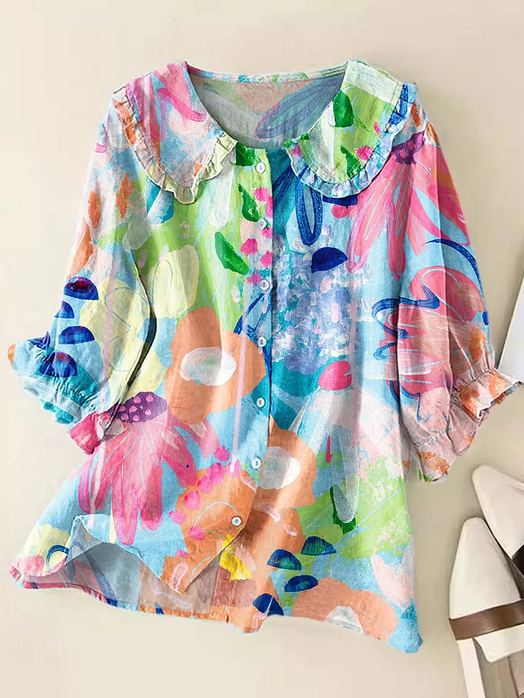 Women Vintage Floral Art Print Loose Peter Pan Collar Half Sleeve Blouses