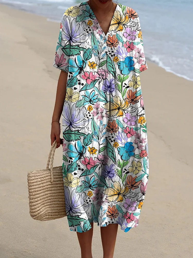 Watercolor Vibrant Floral Field Pattern Printed Women's Flowy Dress