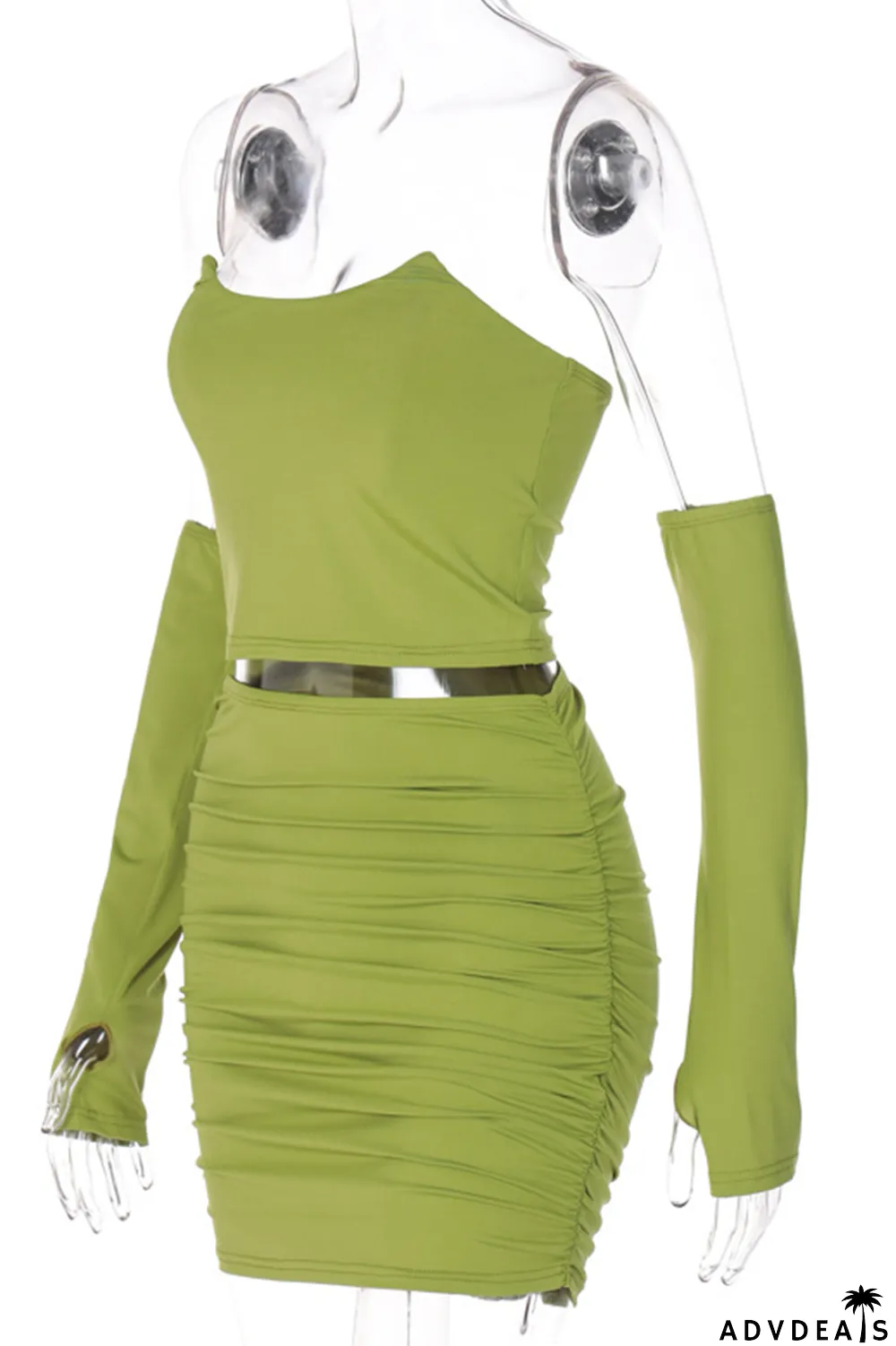 Green Sexy Solid Patchwork Strapless Long Sleeve Two Pieces