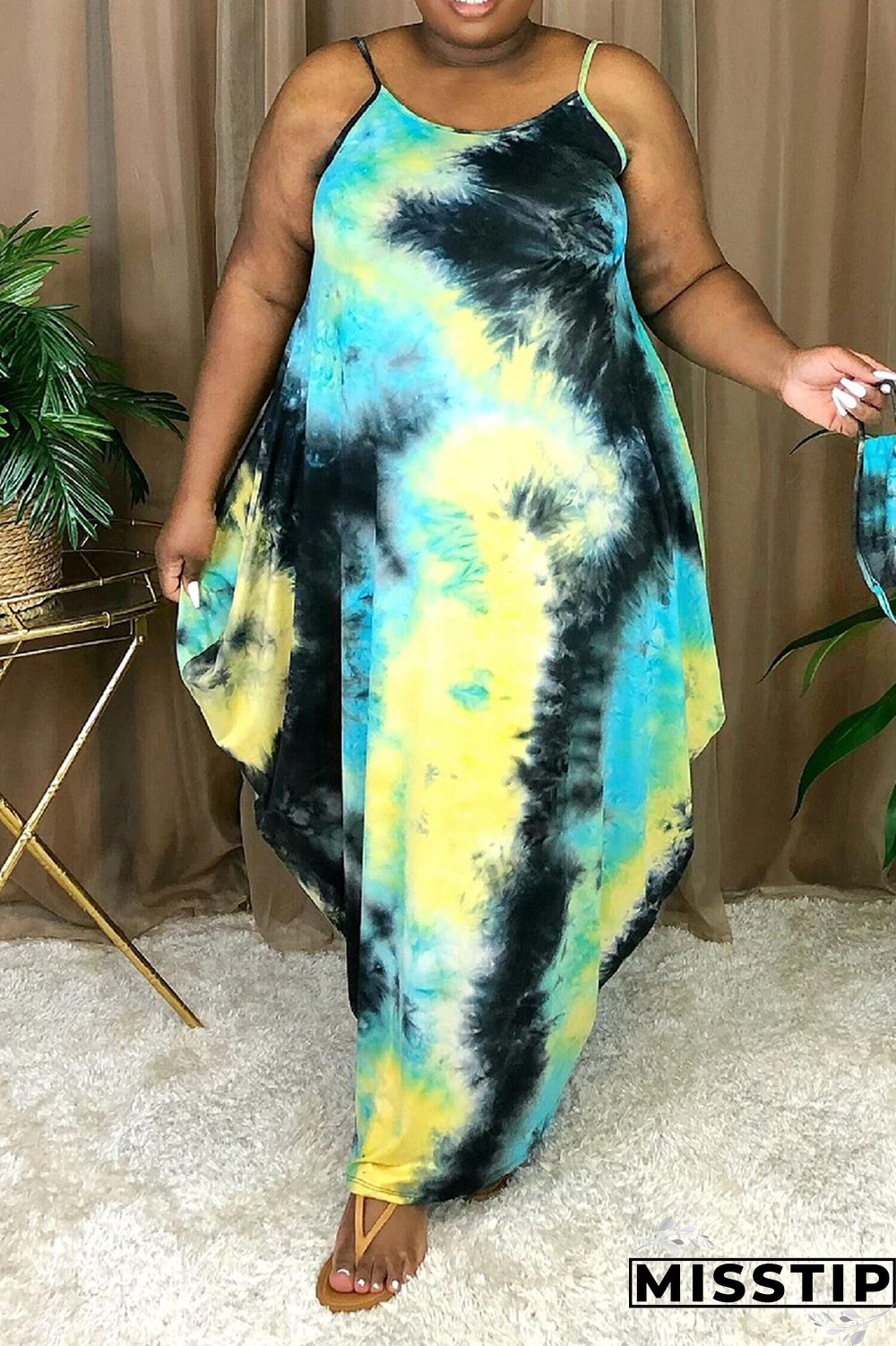 Deep Blue Sexy Print Patchwork Spaghetti Strap Irregular Dress Plus Size Dresses