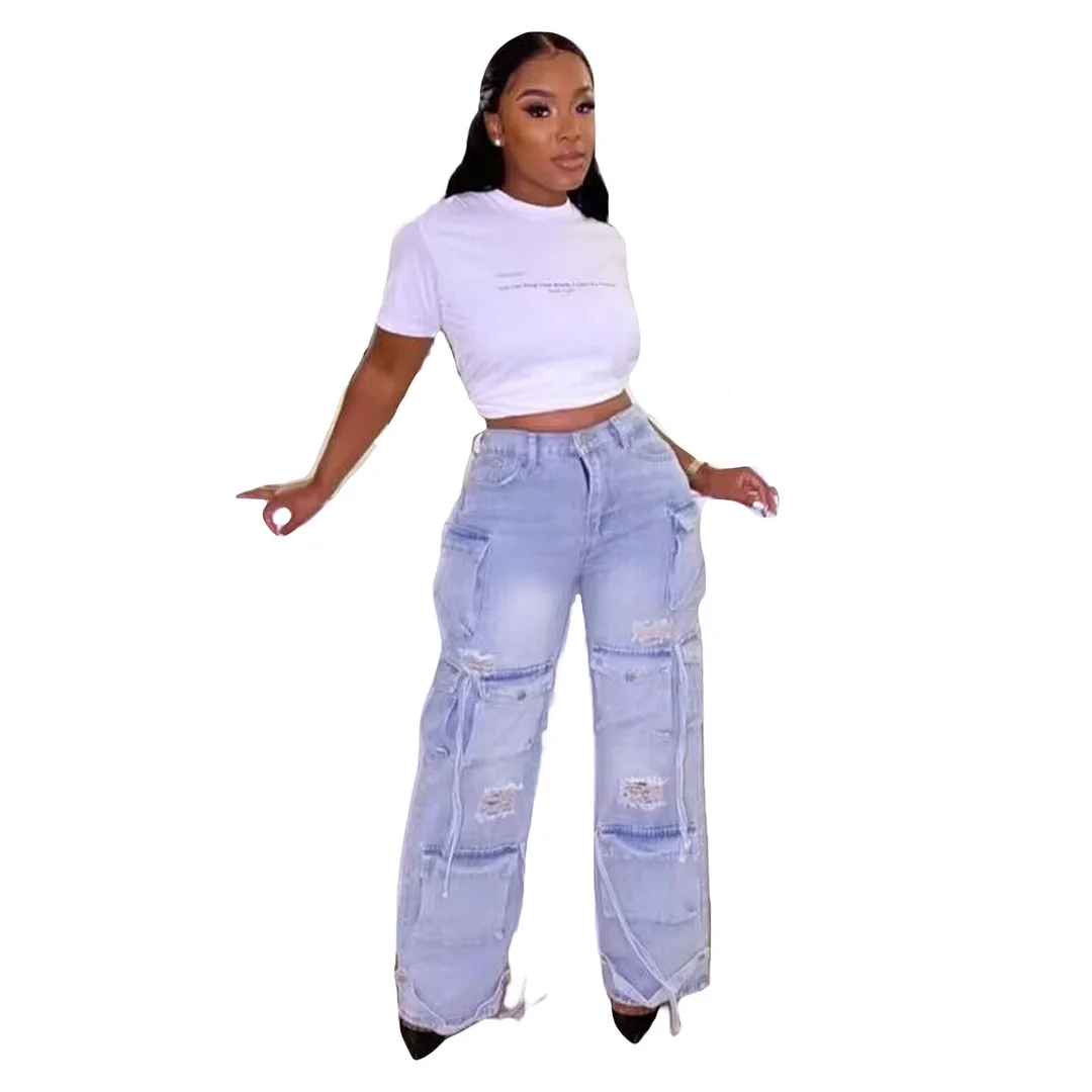 Brownm Brownm Hot Women's New Retro Casual Hole-Breaking Workwear Wide-Legged Multi-Bag Jeans