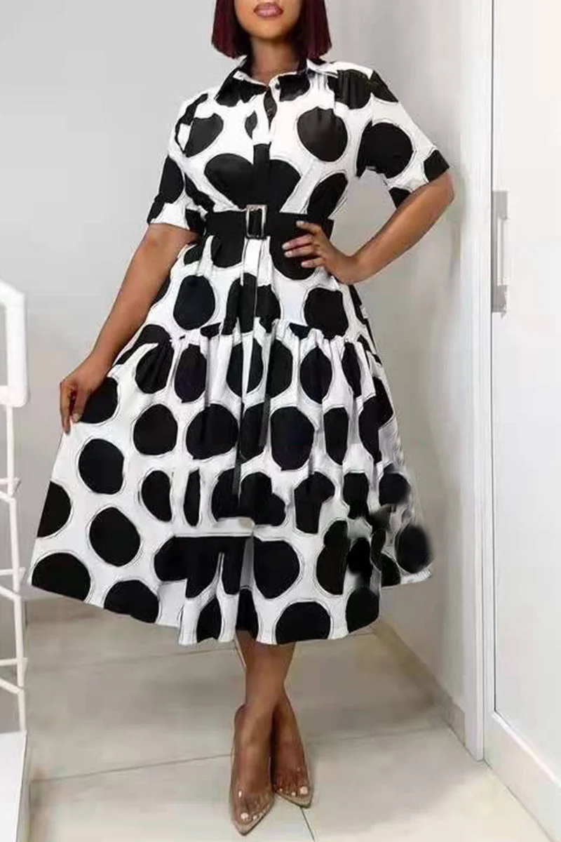 Fashion Casual Dot Print With Belt Turndown Collar Short Sleeve Dress