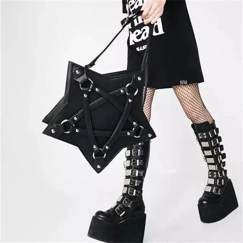 Gothic Pentagram Shoulder Bag, Cool Strap HandBag For Women