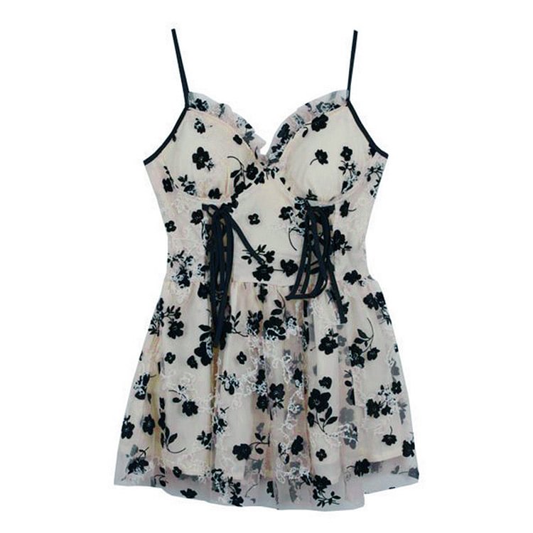 Floral Print Lace Up Slip Dress Cardigan Two Pieces