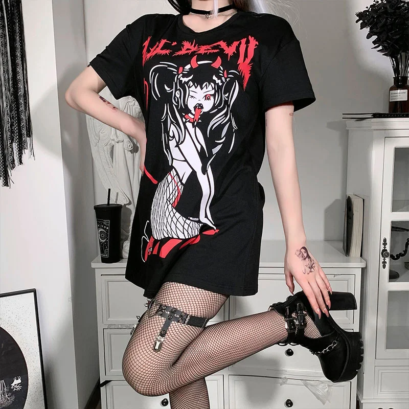 Jangj Harajuku Black Oversized T-shirts Mall Goth Cat Person Print T-shirt women Punk Grunge chic Short Sleeve Long Tops Streetwear