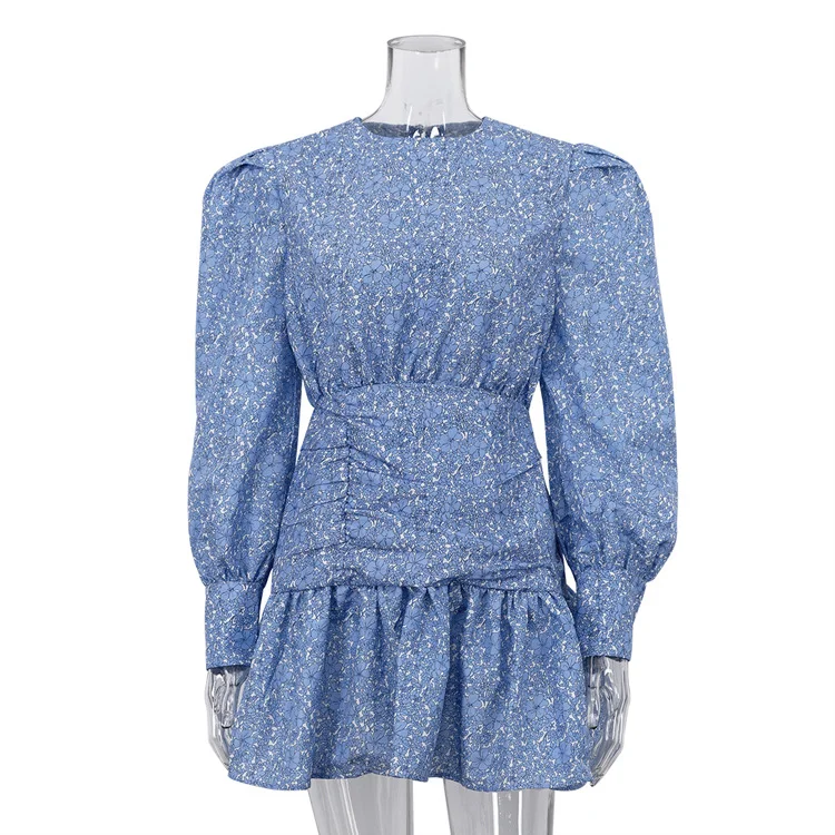 Ueong Ueong Women's Spring New Print Floral Skirt Long Sleeve Waist Pleated Casual Dress