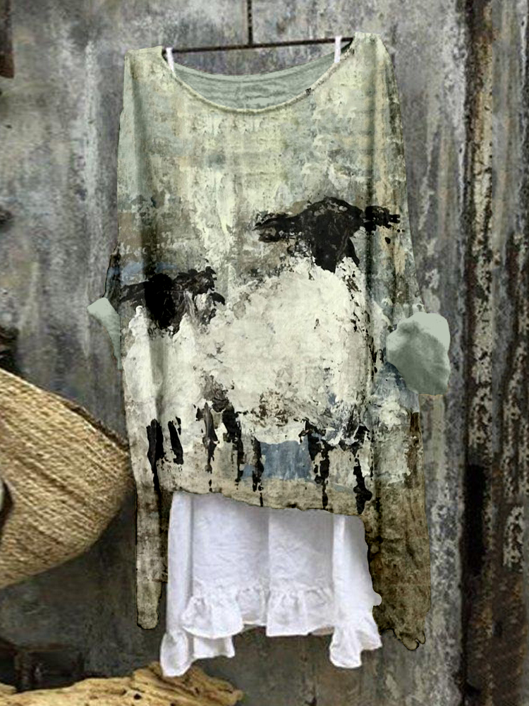 Abstract Sheep Art Painting Linen Blend Flowy Tunic