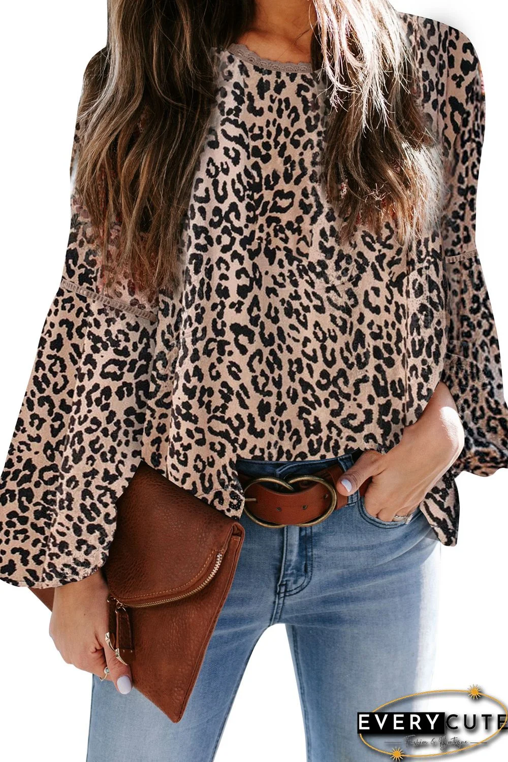 Khaki Leopard Print Patchwork Top