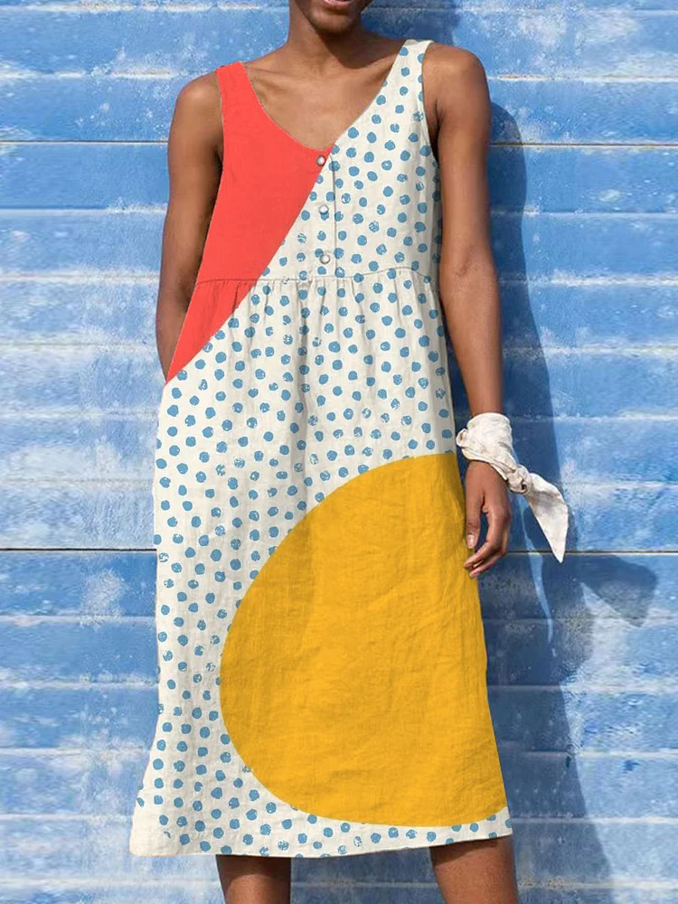 Women's Vintage Abstract Geometric Art Print Sleeveless Cotton And Linen Dress