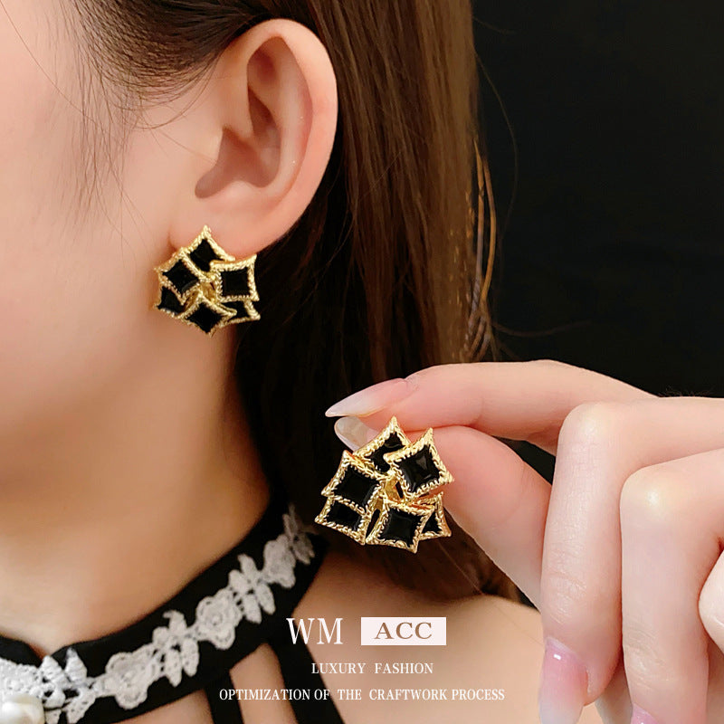 French Vintage Quadrilateral Geometric Alloy Oil Dripping Earrings