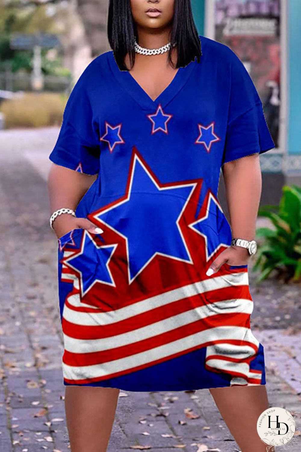 White Blue Red Casual Print Patchwork V Neck Dresses