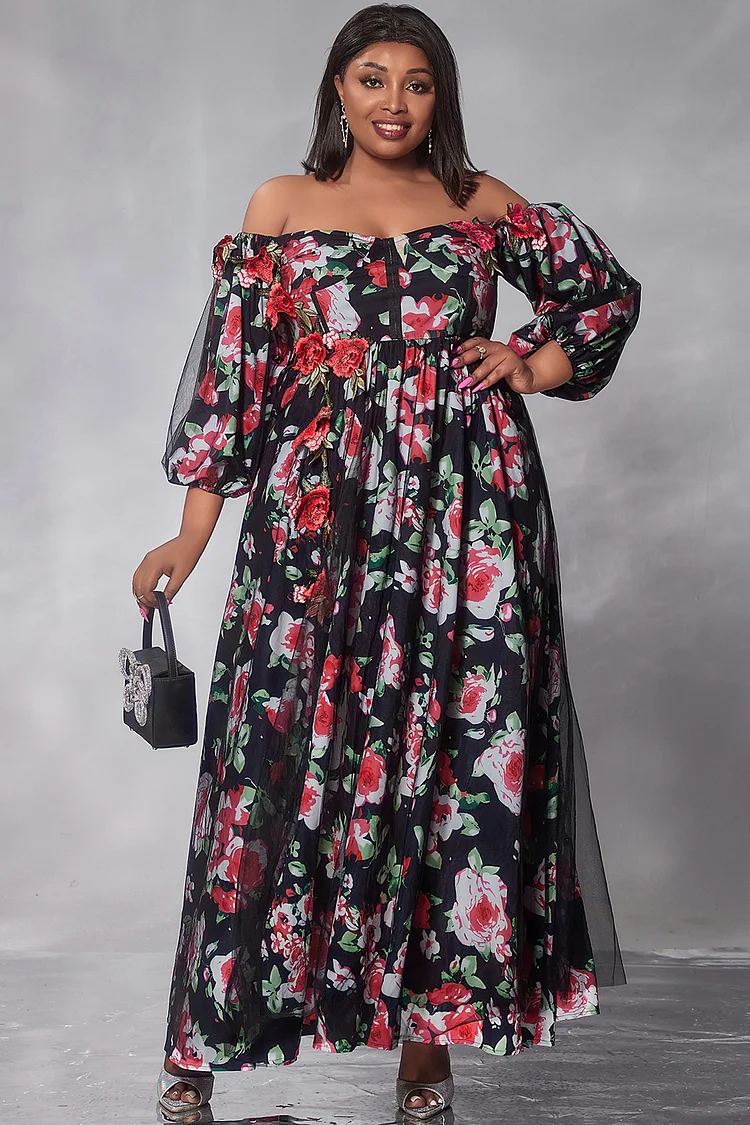 Xpluswear Design Plus Size Formal Maxi Dresses Elegant Black Floral Off The Shoulder 3/4 Sleeve Embroidery Mesh Maxi Dresses [Pre-Order]
