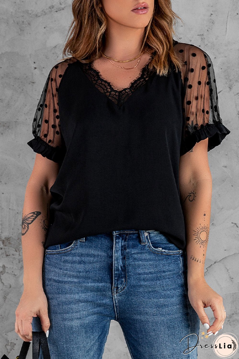 Polka Dot Lace Trim Spliced Mesh Blouse