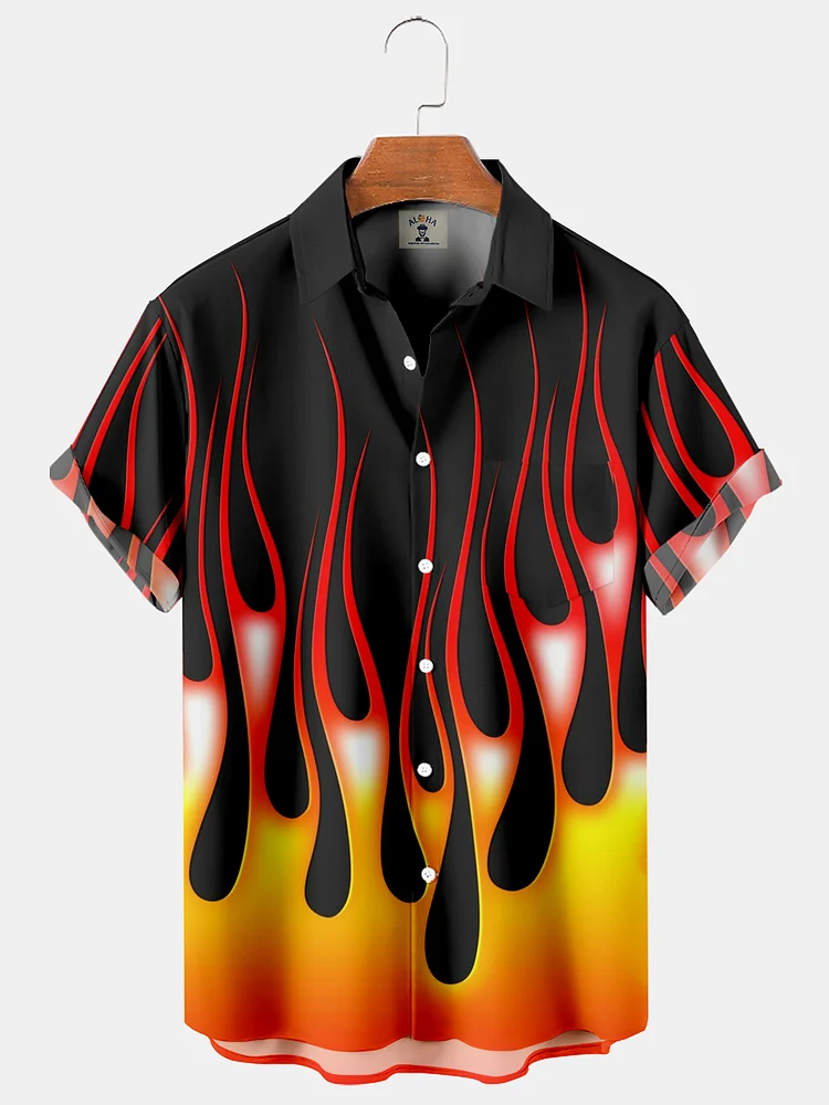 Trendy Flame Print Pocket Short Sleeve Bowling Shirt