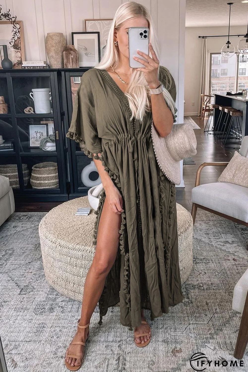 Green Crochet Tassel Thigh High Split Beach Cover Up | IFYHOME