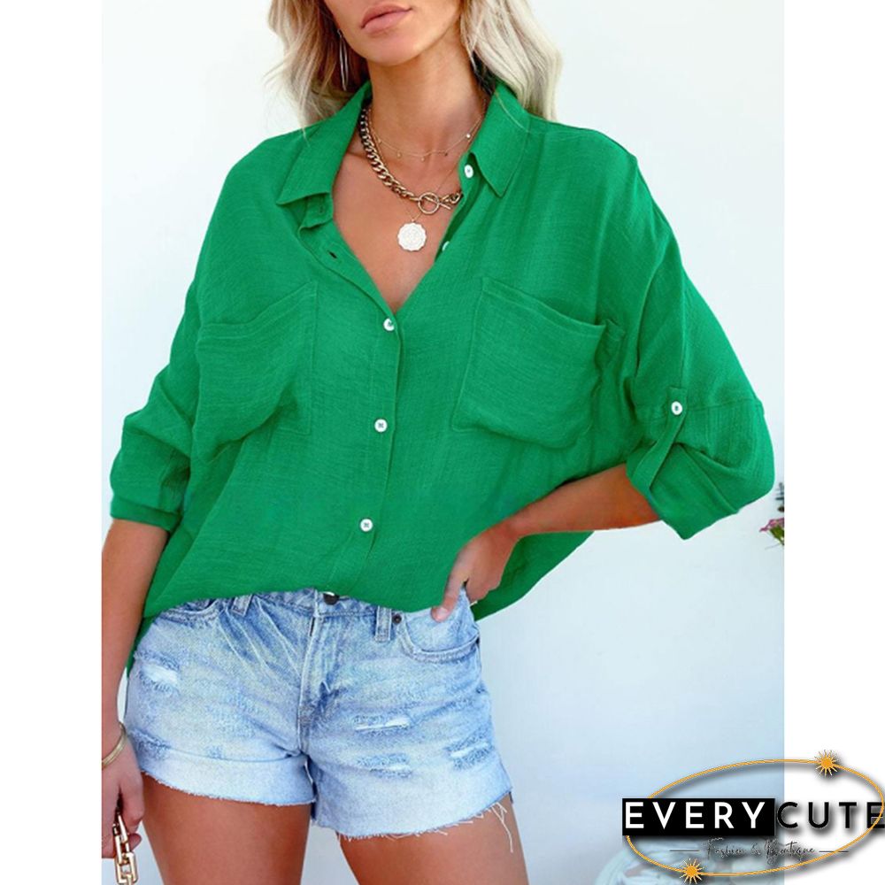 Green Lapel Collar Pocket Button Shirt