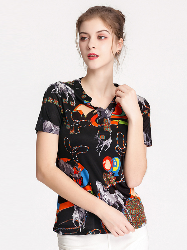 Silk T-shirt Horses Pattern Style-Real Silk Life