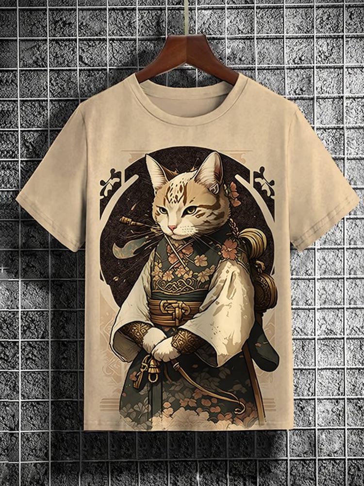 Comstylish Men's Cat Wearing Kimono Print Short Sleeve Casual T-Shirt